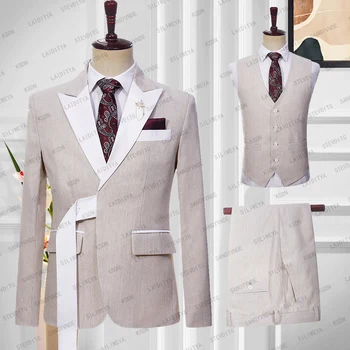2023 Мужские костюмы приталенного силуэта, летнее деловое льняное свадебное платье цвета хаки в британском стиле, комплект из 3 предметов (куртка + жилет + брюки)