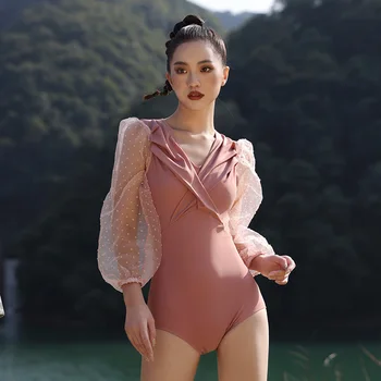 2023 Новая розовая корейская версия, сексуальное прикрытие, тонкая и консервативная цельная сетчатая юбка, пляжные купальники для серфинга для женщин