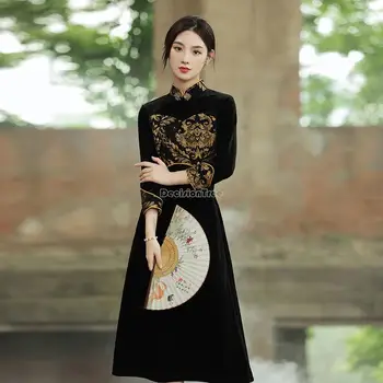 2023 новое осеннее золотое бархатное платье ципао в стиле ретро с длинным рукавом и воротником-стойкой, шикарное осенне-зимнее длинное женское платье cheongsam s735