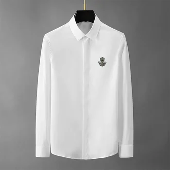 2023 Осень / Зима, новая модная мужская рубашка, повседневная приталенная мужская рубашка с длинным рукавом, вышивка