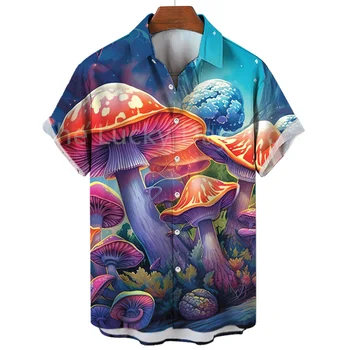 2024 Гавайская мужская рубашка с коротким рукавом и цветочным рисунком, летняя модная одежда в стиле харадзюку в винтажном стиле, повседневная одежда с грибным рисунком.