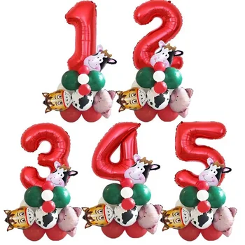 32-дюймовый красный воздушный шар с номером из алюминиевой фольги 1-9 на тему животноводческой фермы, корова, пятнистая колонна, воздушный шар, украшение для детского дня рождения