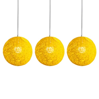 3X желтая люстра из бамбука, ротанга и пеньки с шариками для индивидуального творчества, сферический абажур из ротанга в виде гнезда