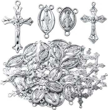40шт Антикварные серебряные четки с крестом и центром, Чудесный Иисус Мария, медаль с Распятием Богоматери, подвески для ожерелья из священных бусин Rosary