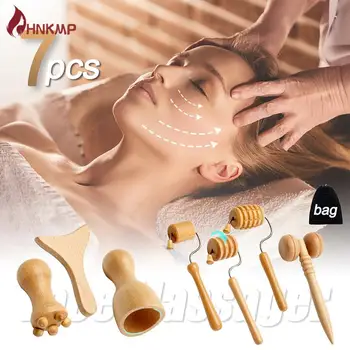 7 шт./компл. Массажеры для лица Gua Sha Tools Wood Therapy Meridian Massage Kit Роликовый скребок для подтяжки лица