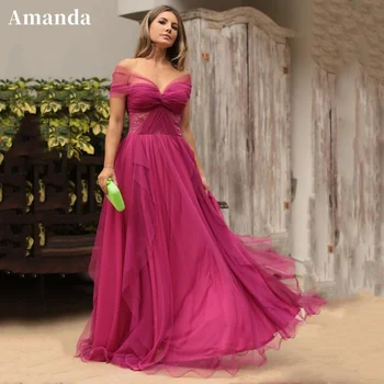 Amanda Sexy без бретелек, 2023, элегантные многослойные платья для выпускного вечера в тулль а-силуэта, темно-розовые платья с открытыми плечами, Vestidos De Noche