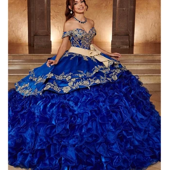 ANGELSBRIDEP Темно-Синие Шикарные Пышные Платья Бальное Платье С открытыми плечами Аппликации Из Органзы Мексиканская Сладость 16 Платьев 15 Anos