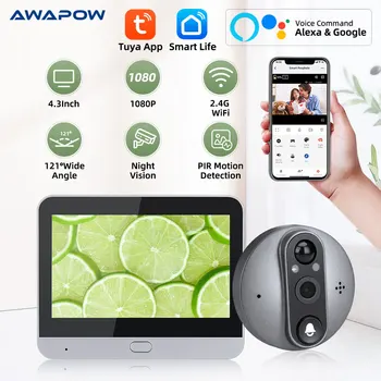 Awapow WiFi Глазок Дверной Звонок Камера 1080P 4,3-Дюймовый Дверной Глазок Камера Ночного Видения Smart Tuya Видео Дверной Звонок Цифровой Просмотрщик