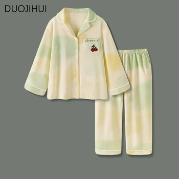 DUOJIHUI, свободная повседневная домашняя пижама из двух частей для женщин, Новый Милый кардиган, простые модные брюки контрастного цвета, женский пижамный комплект