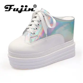Fujin 12 см, новые тапочки из микрофибры на платформе и танкетке, дизайнерские женские модные ботинки, женская обувь на каблуке, летняя