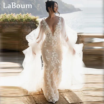 LaBoum Элегантные Свадебные Платья для Невесты 2023 С аппликациями, Сексуальное Кружевное Свадебное платье-русалка с Глубоким V-образным вырезом, Vestidos Novia
