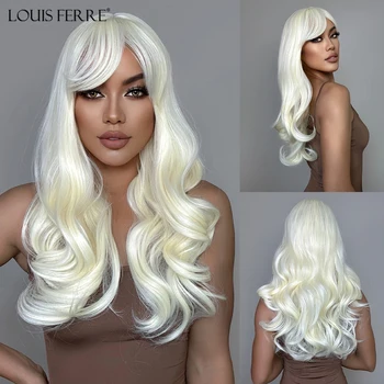 LOUIS FERRE Длинные волнистые теплые светлые платиновые синтетические парики для чернокожих женщин из натуральных волос с челкой Термостойкий бесклеевой парик