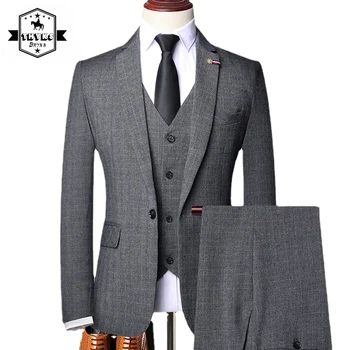 M-6XL (куртка + жилет + брюки) Модный Деловой Формальный Приталенный костюм, комплект из 3 предметов, мужской Однотонный Ретро-серый Классический свадебный комплект для жениха Весна