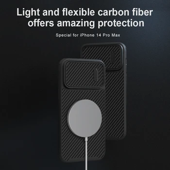 NILLKIN для iPhone14/14 Plus/14 Pro/14 Pro Max Магнитный чехол из синтетического углеродного волокна С магнитной защитой от падения, скользящая крышка объектива камеры