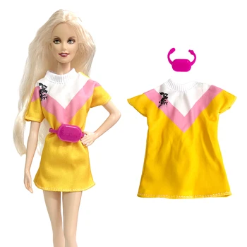 NK Official повседневное платье для куклы из 2 предметов: желтое платье с круглым вырезом + розовая поясная сумка для куклы Барби 1/6 Аксессуары для переодевания, игрушки