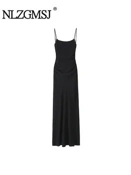 Nlzgmsj TRAF Сексуальное драпированное платье с открытой спиной, женские облегающие длинные платья 2024, женские элегантные вечерние черные облегающие платья-халатики