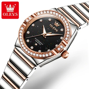 OLEVS Модные кварцевые часы из розового золота для женщин, ремешок из нержавеющей стали, классические Черно-белые Водонепроницаемые Женские наручные часы-браслет