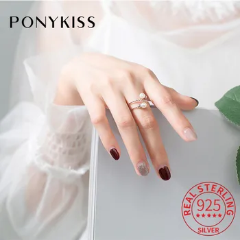 PONYKISS Романтическое кольцо из 100% стерлингового серебра 925 пробы с регулируемым отверстием, шикарное спиральное кольцо с жемчугом, изысканные ювелирные изделия, подарок на годовщину для женщин