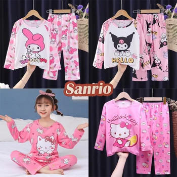 Sanrio Hello Kitty Детская пижама Брючный костюм с длинными рукавами из мультфильма Аниме Пижамы для девочек Домашняя одежда Осень Зима Теплая одежда
