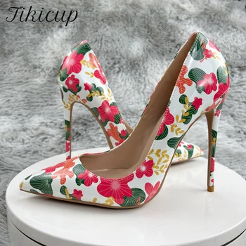 Tikicup/ Женские модные дизайнерские туфли на высоком каблуке с острым носком и цветочным рисунком, пикантные вечерние туфли-лодочки на шпильке, Размер 33-45