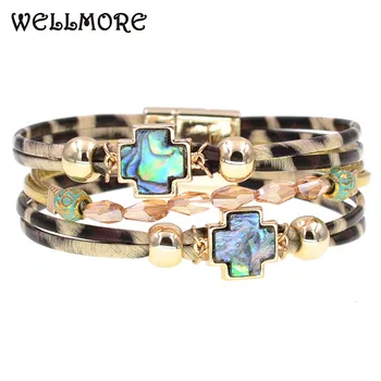 WELLMORE 4 цвета, браслеты из леопардовой кожи для женщин, модные браслеты с кристаллами, браслет с крестом, женские ювелирные изделия