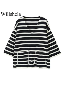 Willshela/ Женские модные свободные трикотажные рубашки в полоску с карманами, винтажные топы с V-образным вырезом и половинчатыми рукавами.
