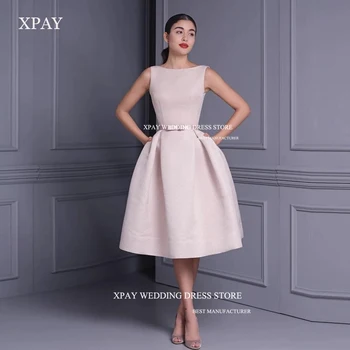 XPAY, Скромные Корейские платья для выпускного вечера, Атласные вечерние платья с круглым вырезом, без рукавов, с бантом, длиной до чайной ложки, Вечернее платье для выпускного вечера