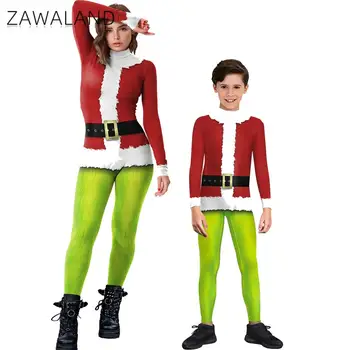 Zawaland Косплей, зеленый костюм с 3D-принтом, одинаковые наряды для семьи, Рождественский женский комбинезон, Одежда для Рождественской вечеринки, Костюмы Зентай из спандекса