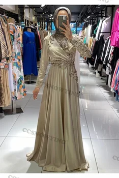 Атласные аппликации Мусульманские вечерние платья С длинным рукавом и высоким воротом Хиджаб Исламское официальное вечернее платье Женщины Арабский Кафтан Халаты De Soirée