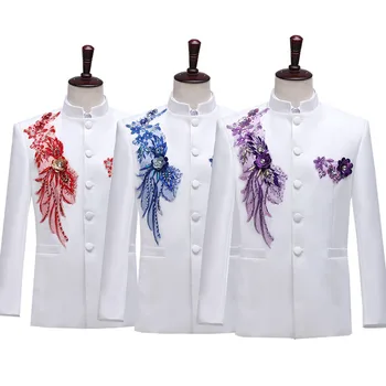 Белый блейзер, комплект брюк для мужчин, китайская туника с вышивкой блестками, вечернее свадебное платье для жениха, приталенные смокинги, мужской костюм из 2 предметов