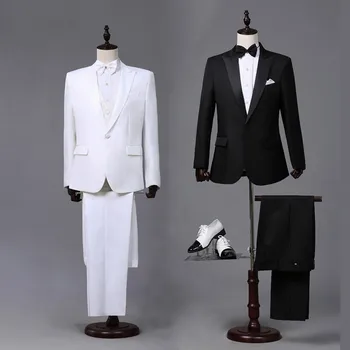 Белый Черный Жених, деловой костюм Жениха, платье для свадебной вечеринки, официальный Смокинг, комплект из 2 предметов, мужской костюм, куртки, Брюки, Подарочный бант