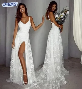 Богемное платье в пол для невесты, пляжное свадебное платье с глубоким V-образным вырезом, сексуальные свадебные платья на тонких бретельках, Vestido De Novia