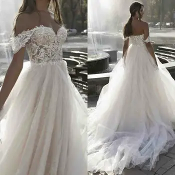 Богемное свадебное платье трапециевидной формы 2020 года с открытыми плечами, свадебные платья в стиле Кантри, бохо с кружевной аппликацией