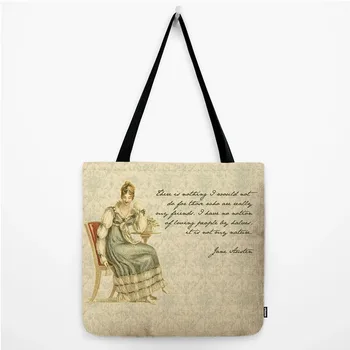 Большая сумка-тоут с буквенным принтом из цитат Джейн Остин, водонепроницаемая хлопчатобумажная льняная декоративная сумка для покупок, продуктовая сумка для покупок