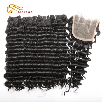 Бразильские пучки глубоких волн с застежкой 4x4 100% Пучки человеческих волос с кружевной застежкой для наращивания натуральных волос с двойной вытяжкой