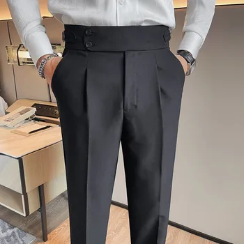 Брендовая одежда, Костюмные брюки с высокой талией, мужские Повседневные деловые Вечерние брюки, однотонные офисные Светские свадебные брюки 2023 г.