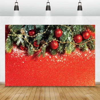 Веселого Рождества, красный настенный фон для фотосъемки, зимний снег, сосновые листья, шары, плакат для фотосессии для детской семьи, фотофон для фотосессии