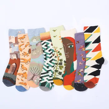 Весенние и осенние спортивные носки в виде трубочек для мужчин и женщин, картина маслом, модные носки из чистого хлопка, модные длинные носки