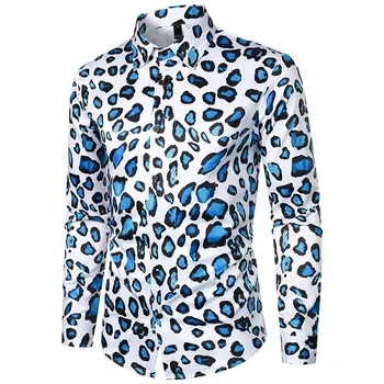 Винтажная рубашка для дискотеки, мужская Стильная рубашка с леопардовым принтом, с длинным рукавом, на пуговицах, Мужская уличная одежда в стиле хип-хоп, повседневная рубашка, мужская