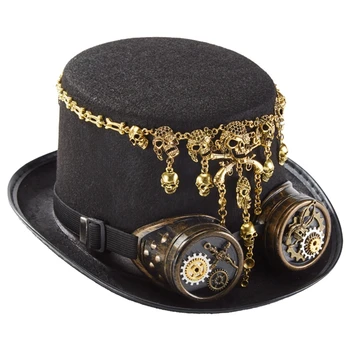 Винтажный цилиндр с цепочкой в виде черепа, шляпа в стиле стимпанк, шляпа на Хэллоуин с очками с зубчатой цепочкой