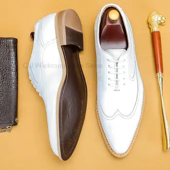 Высококачественные Мужские Туфли-Оксфорды Из Белой Натуральной Кожи С Роскошной Резьбой На Шнуровке, Деловые Офисные Модельные Туфли С Острым Носком типа 