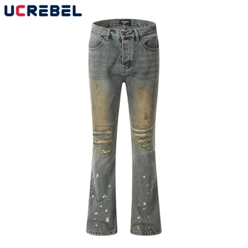 Выстиранные, потрепанные, расклешенные джинсовые брюки в мужском стиле Vibe, повседневные брюки с рваными дырами, мужская уличная одежда, джинсы на пуговицах.
