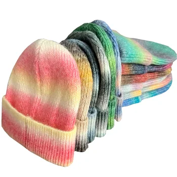 Вязаная шапка с градиентным рисунком для женщин Европы и Америки, утепленная шерстяная шапка Rainbow Warm Осень и зима