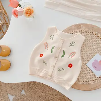 Вязаный жилет для новорожденных девочек, жилет с вышивкой, Кардиган с цветочным рисунком для малышей, Детский свитер, Верхняя одежда для малышей от 0 до 5 лет
