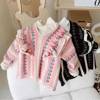 Вязаный свитер для девочек, осенний детский полосатый свитер с цветочным рисунком, детский пуловер среднего и малого размера, тренд свитера