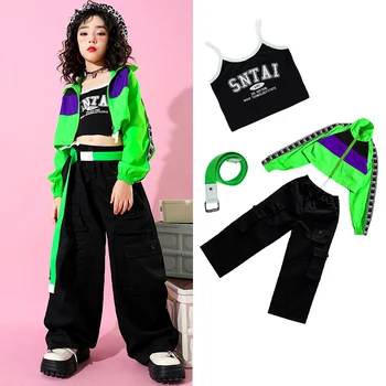 Детские костюмы для выступлений в стиле хип-хоп, Зеленое пальто, брюки-карго, костюм для девочек, наряды для джазовых танцев, одежда для сценического рейва DQS14200