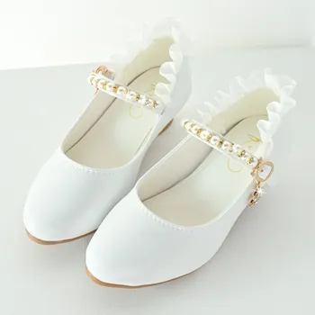 Детские туфли на высоком каблуке Демисезонная мода Жемчужное кружево Для девочек Принцесса Свадебная вечеринка Кожаные туфли Студенческое представление Танцевальная обувь