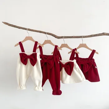 Детский комбинезон в стиле INS со штанишками на ремешках, одежда для Рождества и Нового года, бежево-красная утепленная флисовая одежда для младенцев и малышей из мягкого бархата Olie