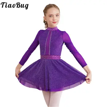 Детское танцевальное платье для фигурного катания для девочек, Лирический Балет, Гимнастическое трико, Платья-пачки с длинным рукавом, Блестящая сетчатая танцевальная одежда
