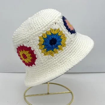 Женская вязаная рыбацкая шапка с полым цветком, вязаная крючком ручной работы, шапка-тазик, осень-зима, сохраняющая тепло, панама, женские панамы